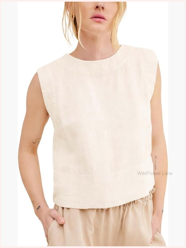Women's Linen Tank Top Sleeveless Crew Neck Back Button Summer